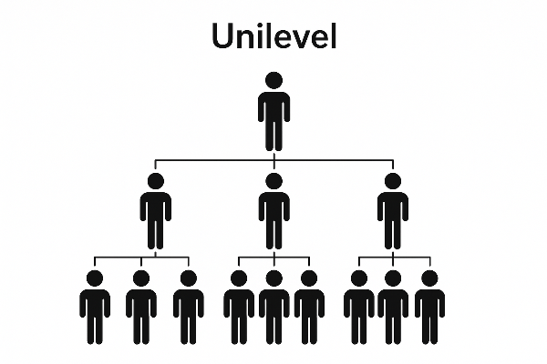 넓게 펼쳐진 수평적인 조직 구조 그림, 1단계에 많은 사람들이 직접 연결되어 있고 아래로 여러 단계가 이어짐.