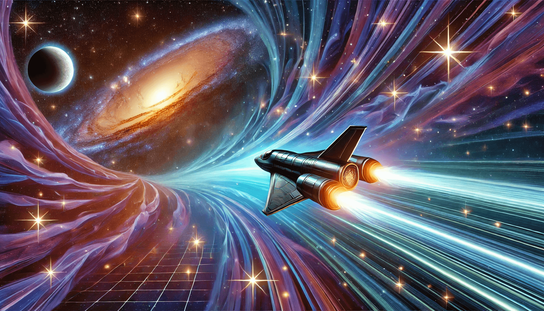 안드로메다 은하로 날아가고 있는 우주선의 모습, 우주선의 엔진에 점화가 일어나고 있고 물리적인 왜곡을 통해 안드로메다 은하로 날아가고 있는 모습이다.