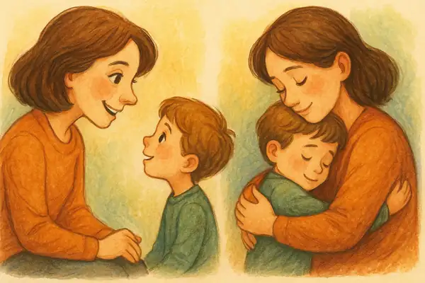 부모가 아이와 눈을 맞추며 따뜻하게 대화하는 모습, 안정감을 주는 포옹