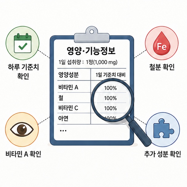 종합비타민의 영양성분표에서 하루 기준치와 철분, 비타민 A와 추가 성분을 확인하는 모습을 보여주는 그림