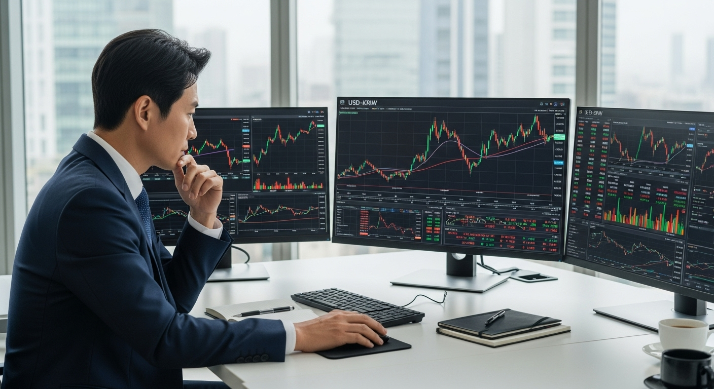 원달러 환율과 주식시장 흐름을 분석하는 한국 투자자 모습