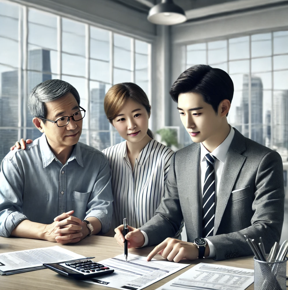 전문가가 부부에게 세금 관련 서류를 설명하는 모습