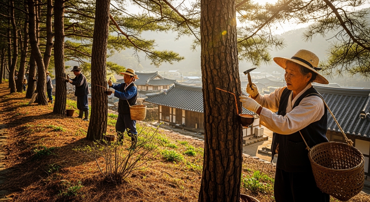 봄철-한국-산골-마을에서-주민들이-고로쇠-수액을-채취하는-장면