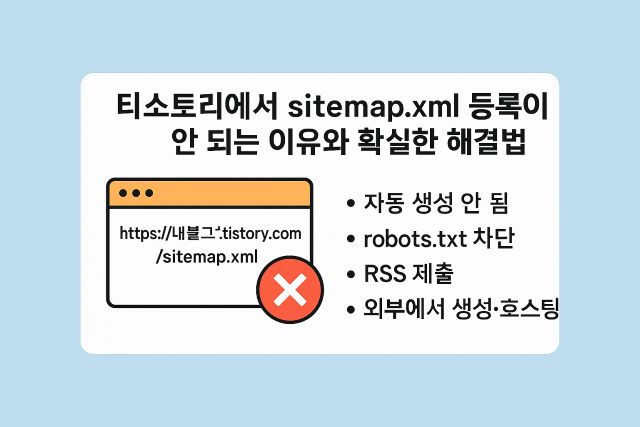 티스토리 블로그에서 sitemap.xml 등록 오류와 해결 방법을 설명하는 인포그래픽, 문제 상황과 해결 전략이 시각적으로 구분되어 표현됨.