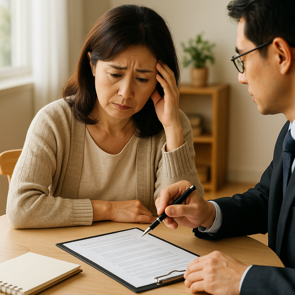 걱정스러운 표정의 중년 여성이 책상에 앉아 상담자료를 보는 모습