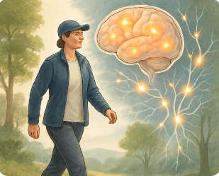 걷기 운동이 뇌 혈류와 신경 활동을 증가시키는 과정 표현한 그림