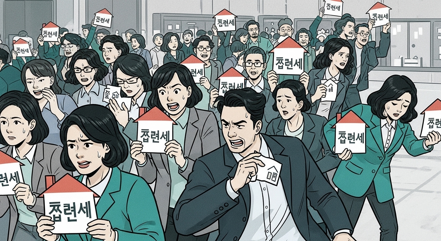 전세 매물을 구하려는 사람들이 치열하게 경쟁하는 모습. 여러 사람이 한정된 주택을 향해 달려가며 긴박한 시장 상황을 보여줍니다.