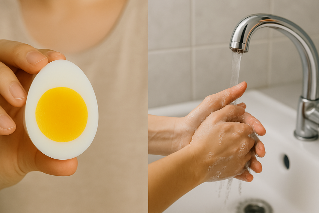 봄철 식중독 예방을 위한 생활 수칙 이미지, 완전히 익힌 삶은 계란과 흐르는 물로 손을 씻는 모습이 식중독 예방법을 강조함
