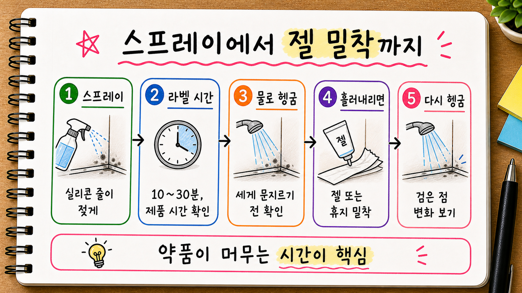 욕실 실리콘 곰팡이를 스프레이로 처리하고 젤이나 휴지로 밀착시키는 순서를 정리한 손글씨 카드