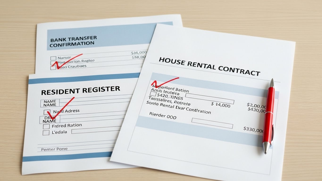 월세 세액공제 신청을 위해 필요한 주민등록등본, 임대차계약서, 계좌이체 내역서 실물 사진