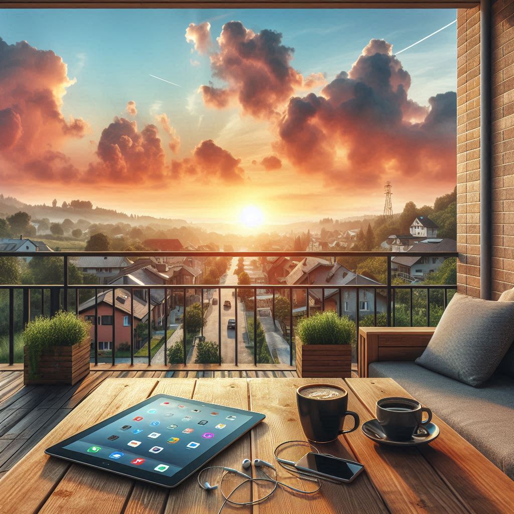 테라스에서 보이는 노을지는 동네마을 풍경