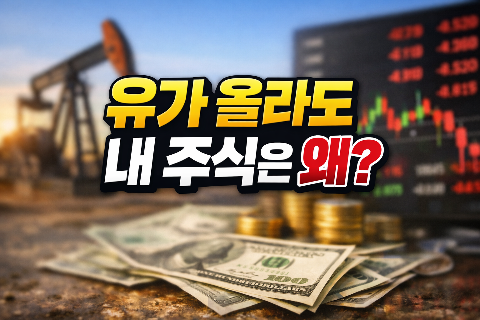 유가 상승과 투자 수익의 관계 설명 이미지, USO ETF와 XLE 에너지주 투자 구조 차이를 나타낸 원유 펌프와 주식 차트 그래픽