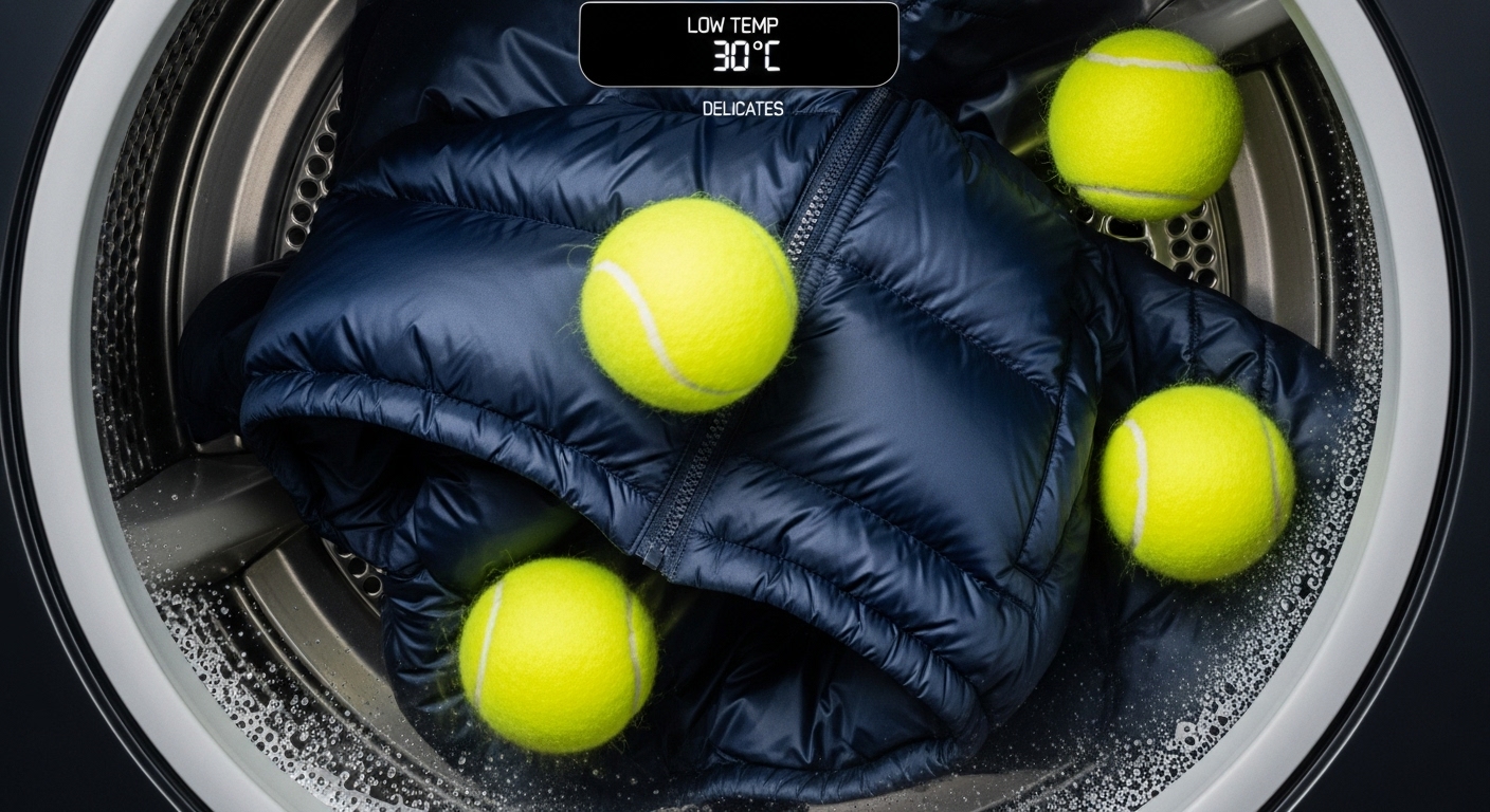 건조기 속 테니스공이 패딩을 두드리는 모습