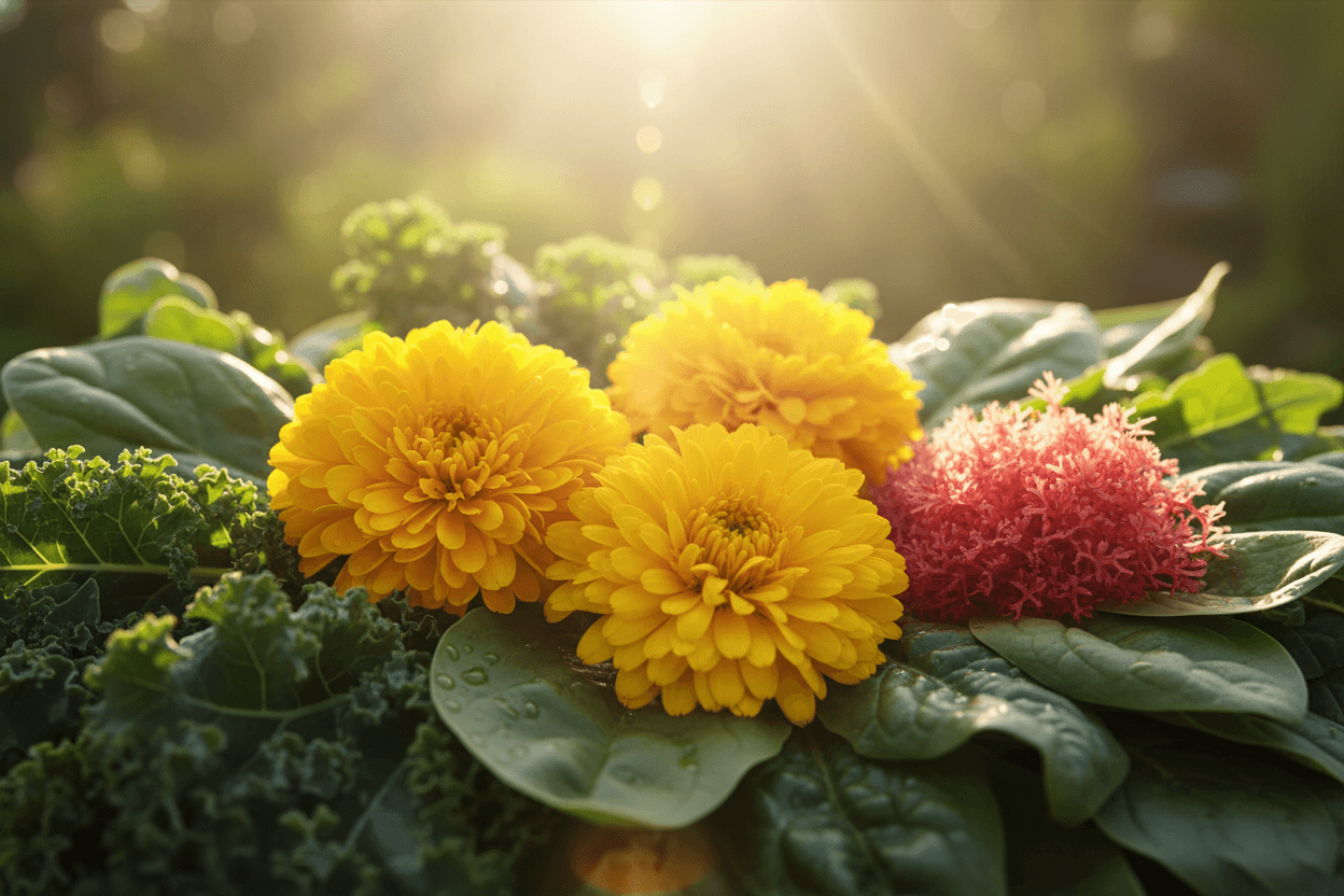 노란 마리골드 꽃과 시금치·케일 잎, 붉은 해조류가 햇살 아래 함께 놓여 루테인·지아잔틴·아스타잔틴의 천연 원료를 보여주는 이미지