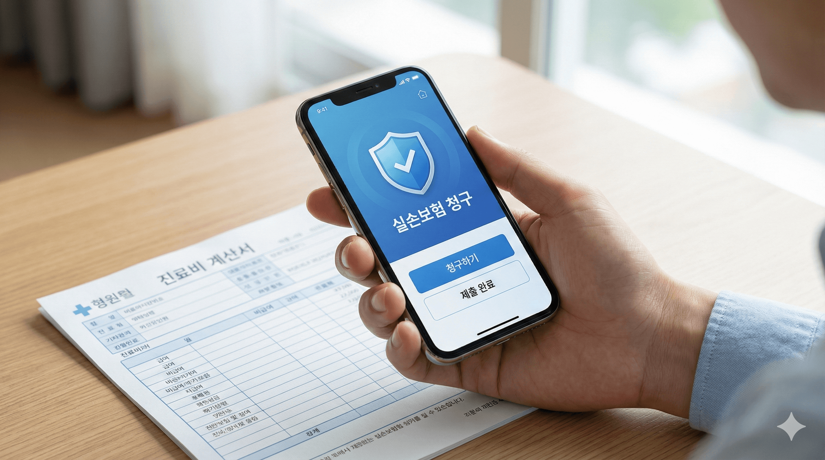 진료비 영수증을 챙겨 스마트폰 앱을 통해 실손 보험금을 청구하는 모습