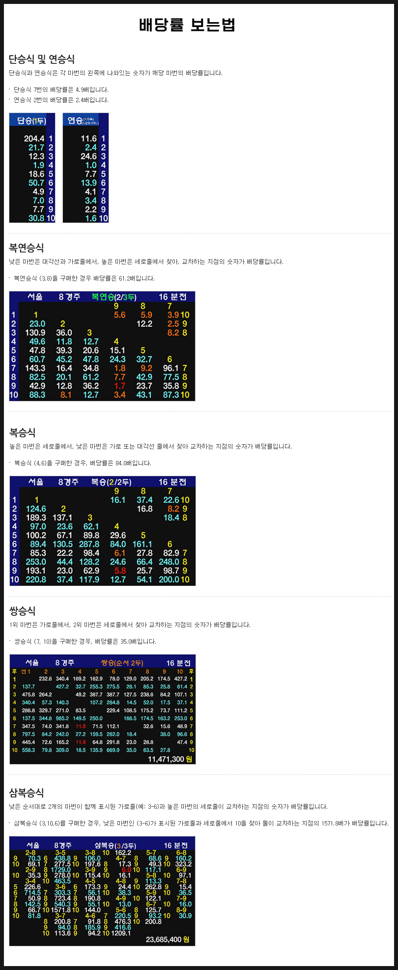 마사일호 경마 배당률 배당판 보는법 삼쌍승 삼복승 복승 쌍승 연승 단승
