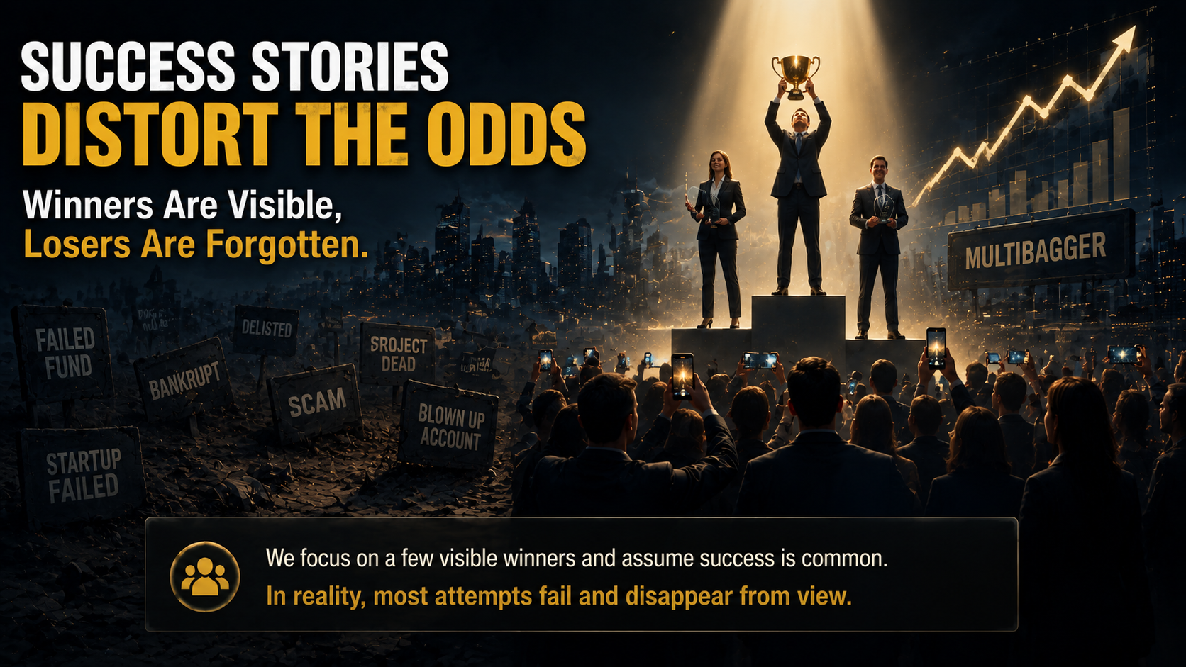 Successful investors highlighted while failed investments disappear illustrating survivorship bias in financial markets