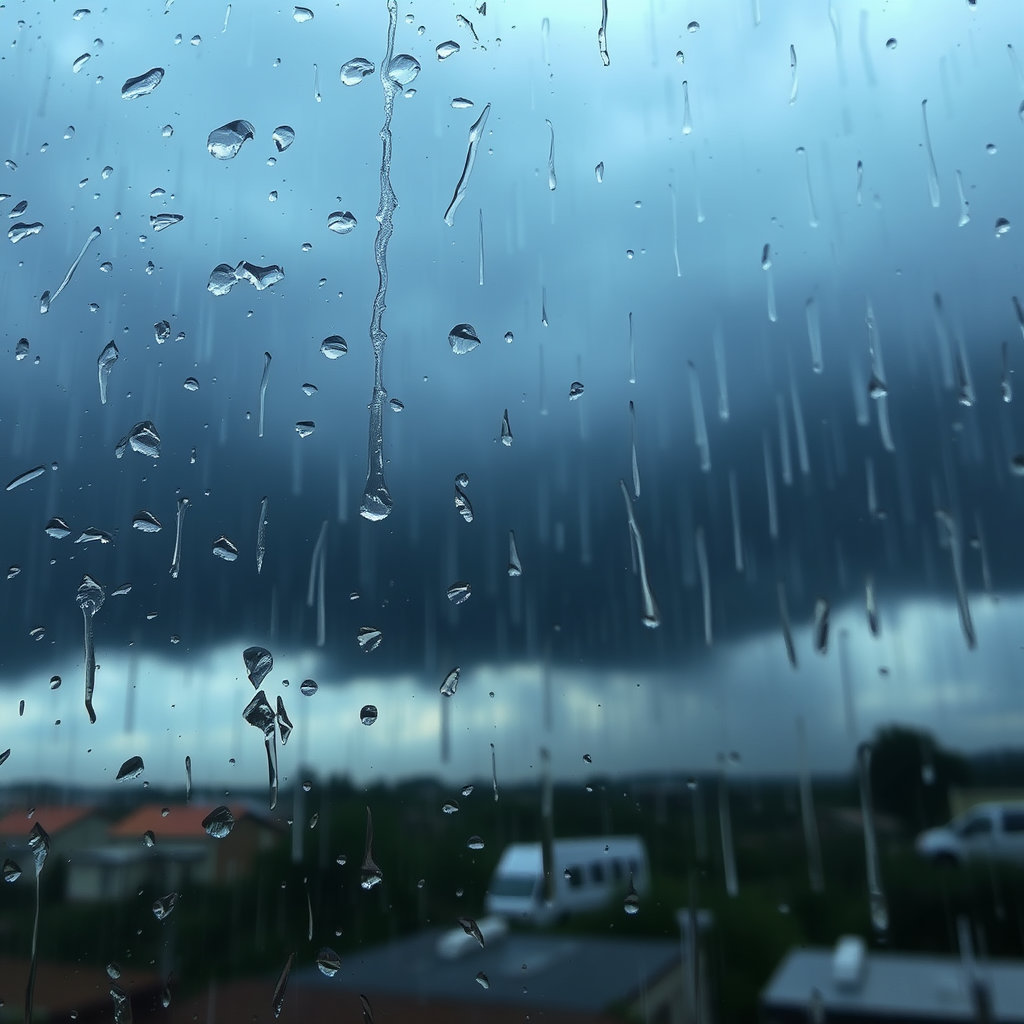창문에 빗방울이 맺히고 흐르는 모습이 클로즈업되어 있으며, 창밖으로는 어두운 하늘과 강하게 내리는 비가 보입니다. 약간 흐릿한 효과로 창밖의 위험성을 암시하고 대비하는 분위기를 표현합니다.