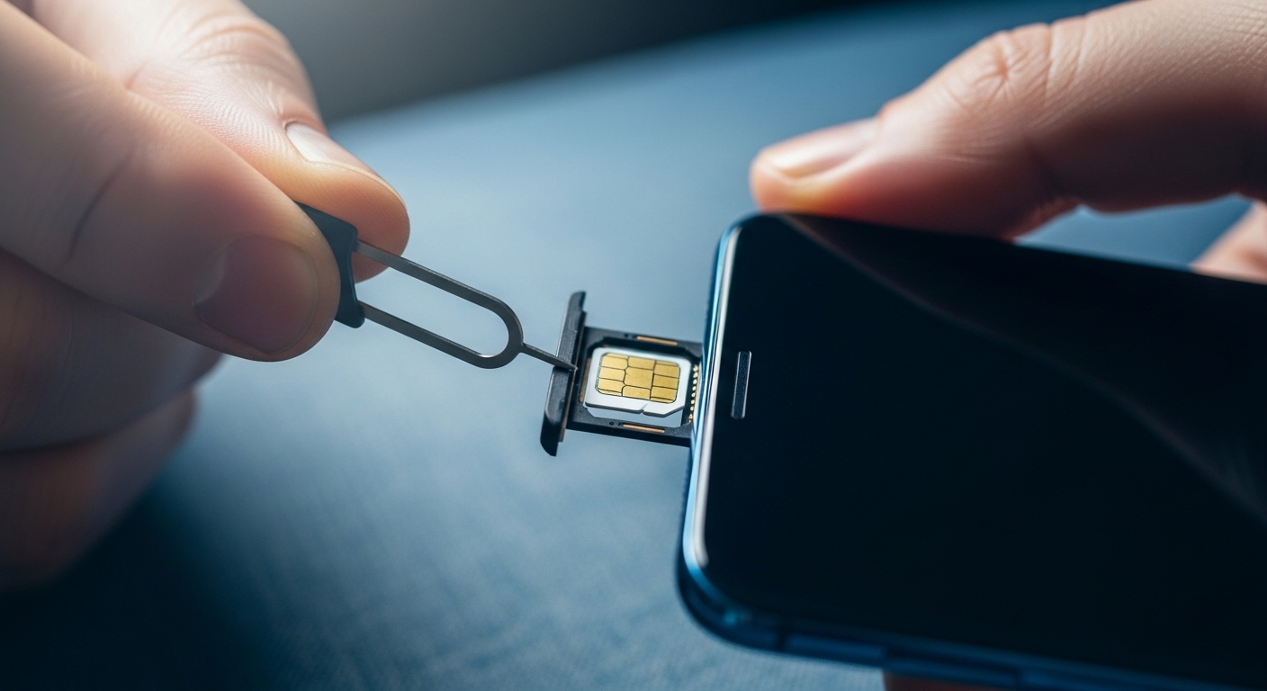 스마트폰 유심 트레이에 유심 카드를 조심스럽게 재장착하는 손의 클로즈업