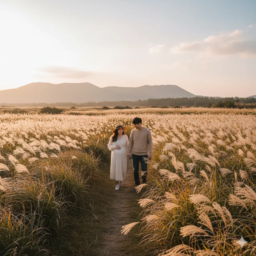 제주 억새밭을 산책하는 부부사진