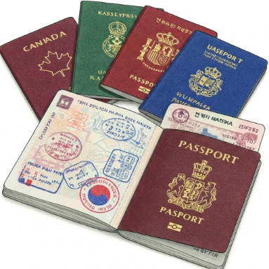 실제 여권이 열려 있는 모습, 여러 국가 여권이 나란히 놓인 이미지