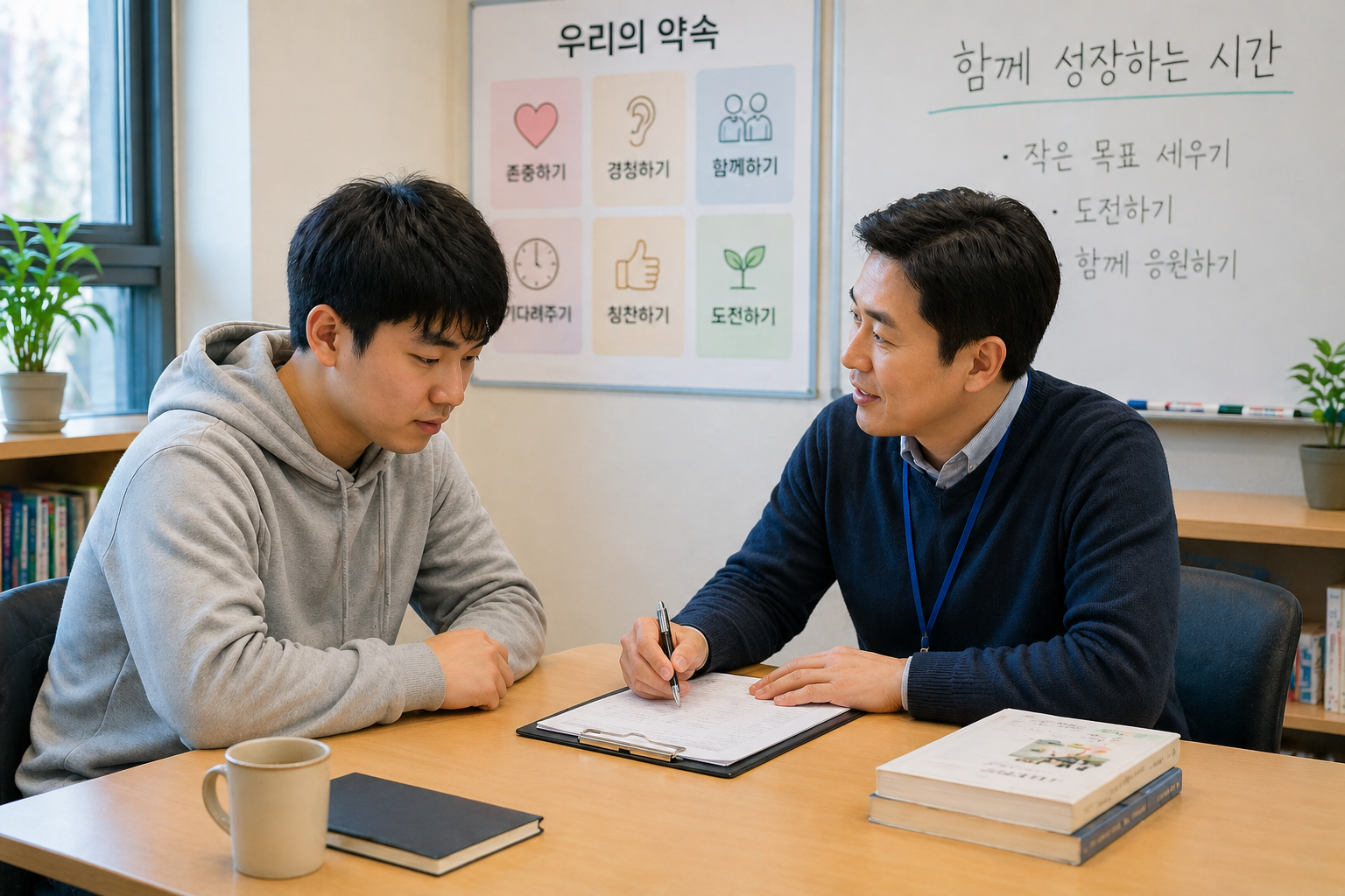선생님과 학생이 상담을 하고 있는 모습