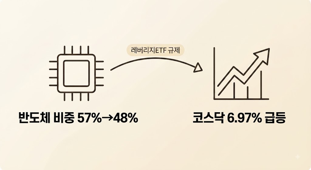 레버리지ETF 규제로 반도체 비중 57%에서 48%로 하락, 코스닥 6.97% 급등 정보그래픽