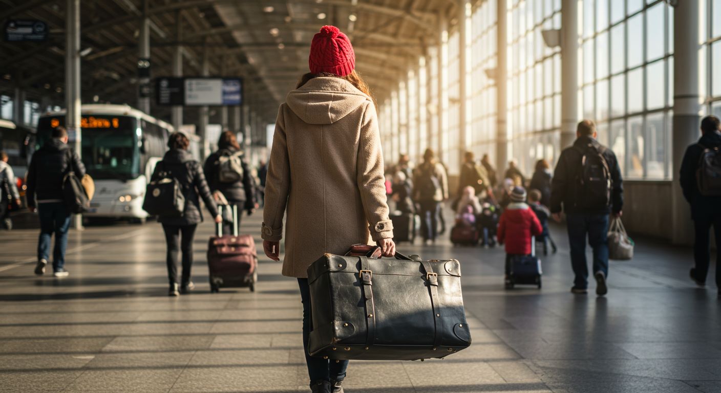 고속버스 터미널에서 가방을 들고 있는 여성 사진