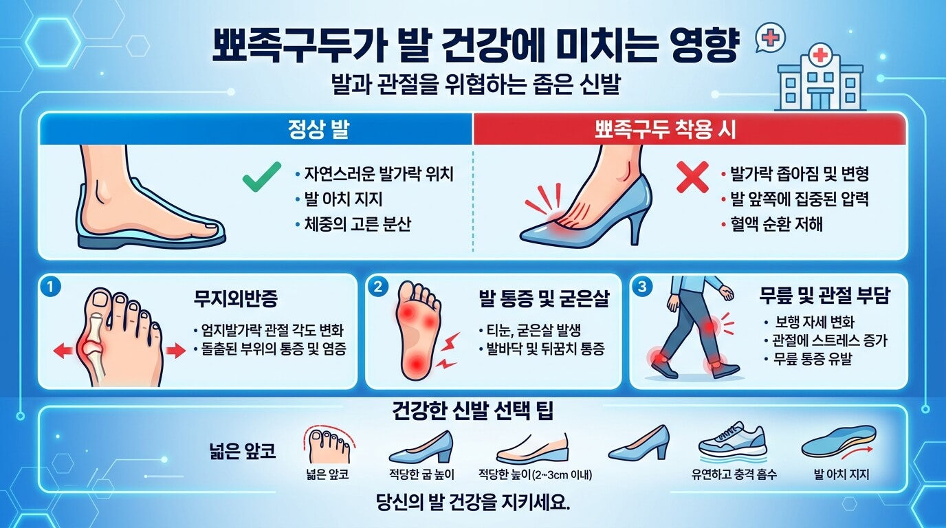 뾰족구두가 발 건강과 무지외반증에 미치는 영향을 설명하는 인포그래픽