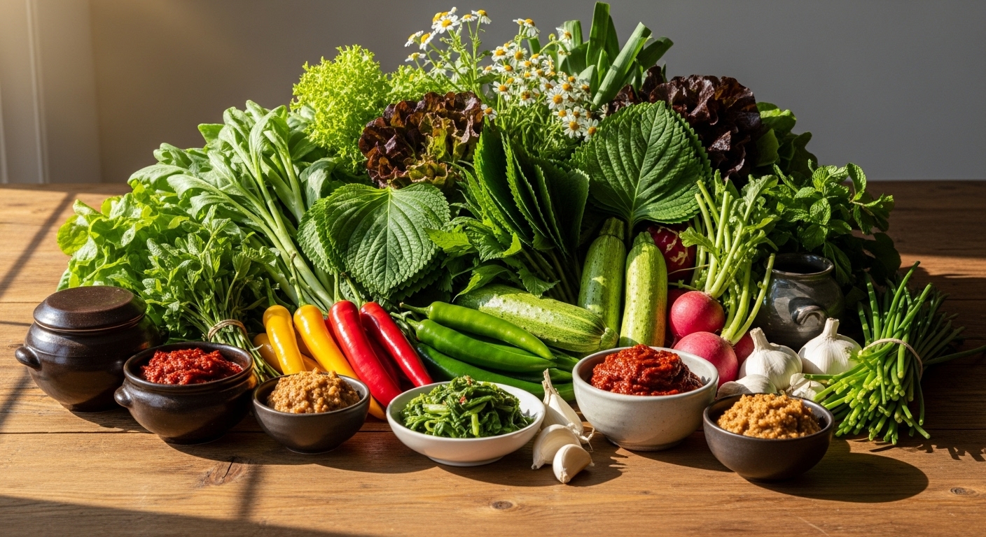신선한 유기농 한국 채소와 발효 식품이 놓여 지속 가능한 K-푸드를 강조하는 모습.