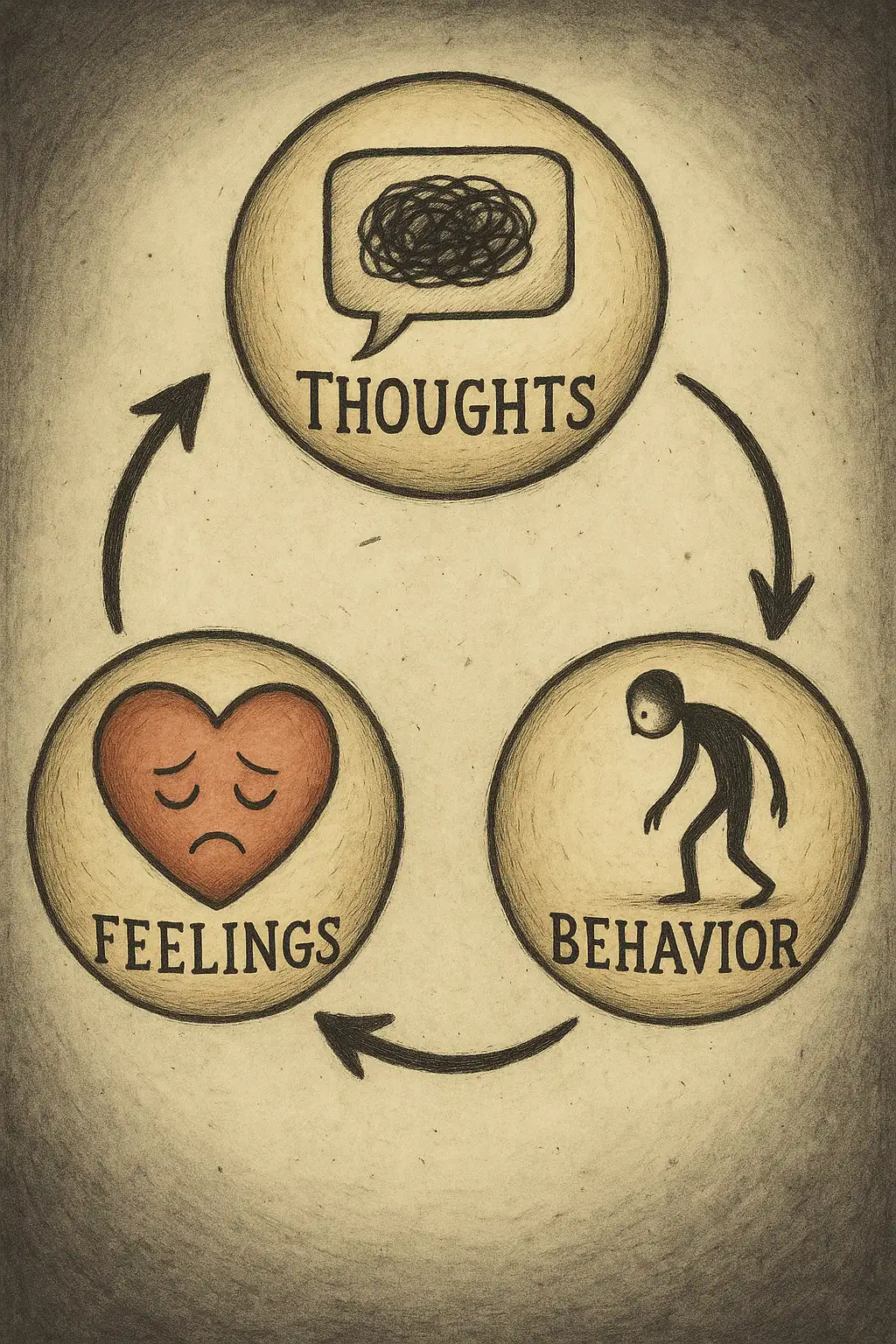 인지행동치료(CBT) 모델 개념도: 생각, 감정, 행동의 상호작용