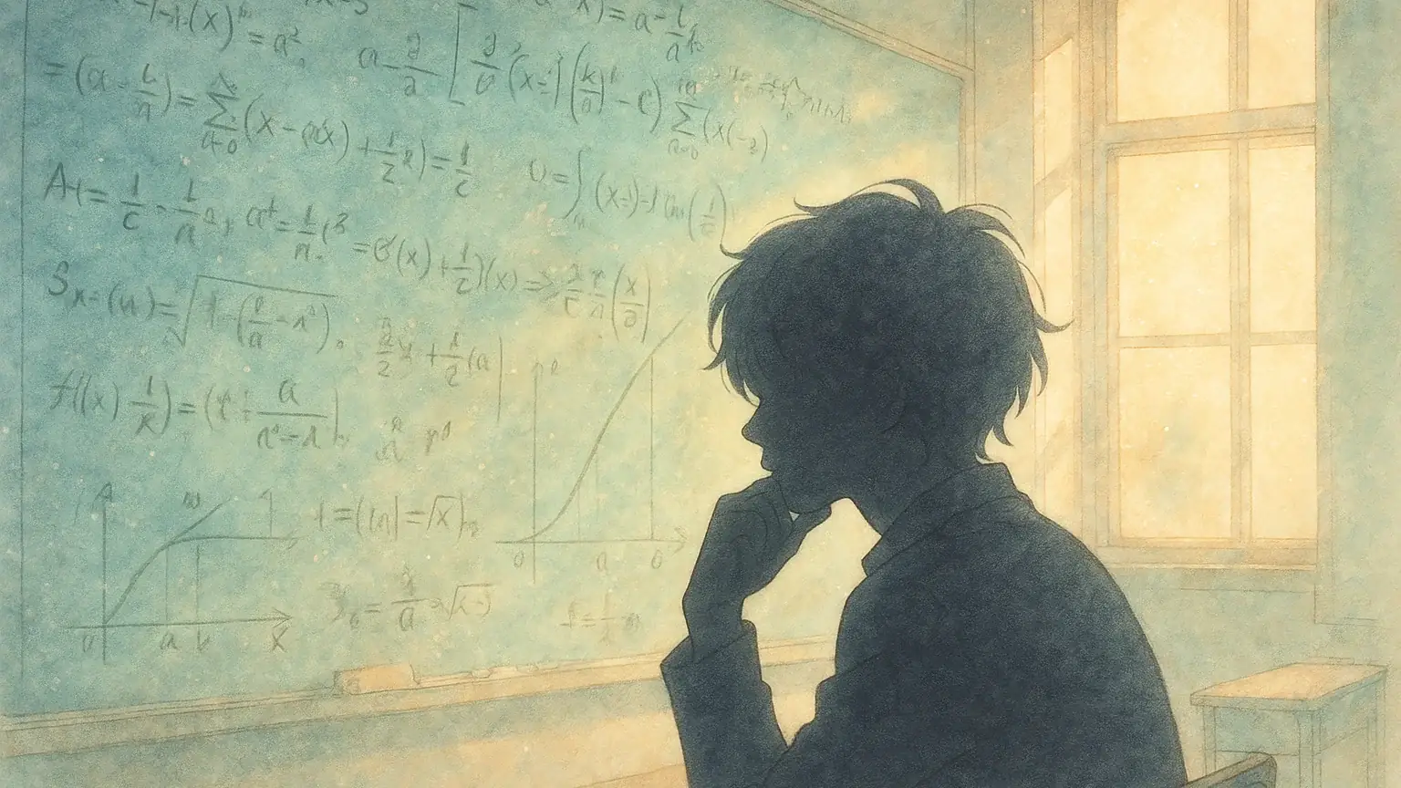 복잡한 수식과 그래프가 그려진 칠판 앞에서 생각에 잠긴 사람의 실루엣, 지식과 이해의 여정을 상징하는 이미지