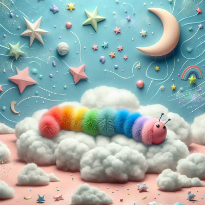 구름 위에 놓인 무지개 색깔의 애벌레와 별들이 떠있는 이미지.