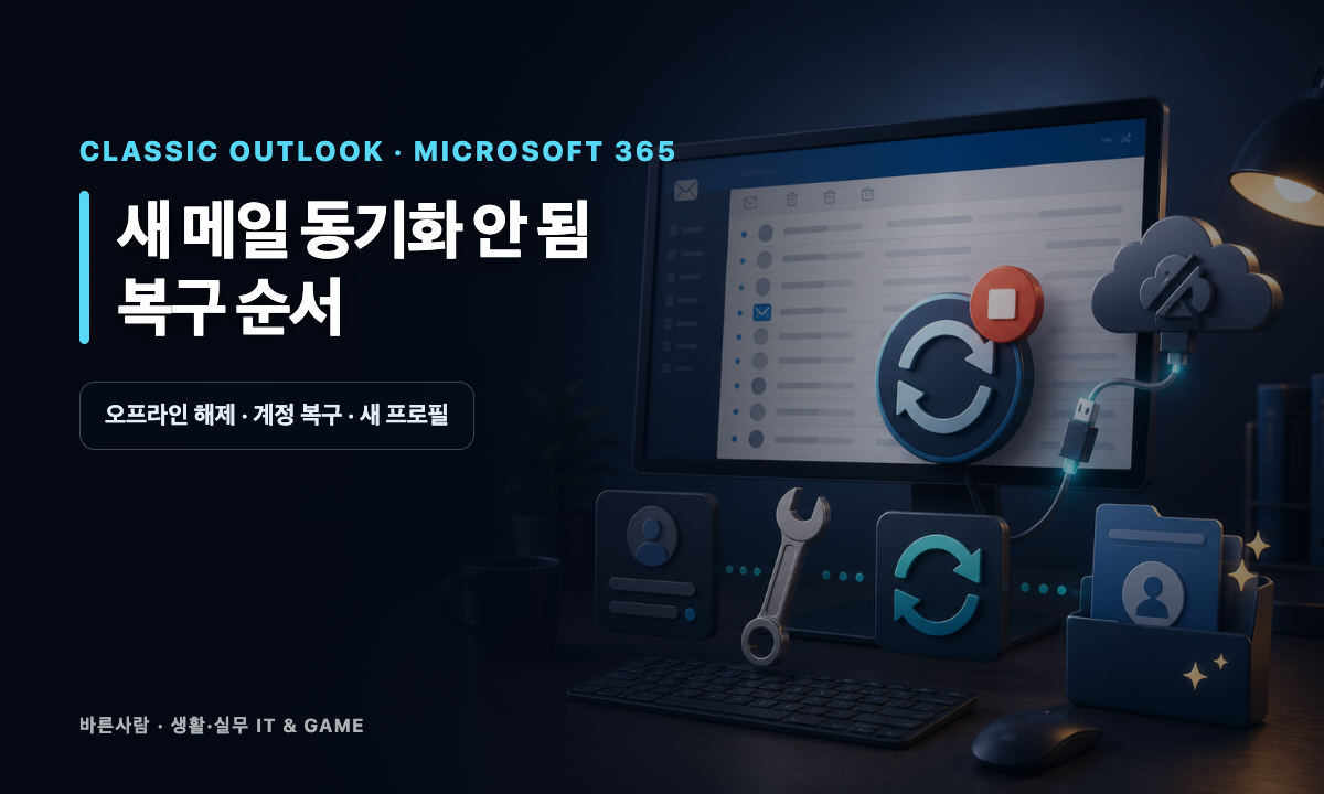 클래식 Outlook 새 메일 동기화 오류에서 오프라인 해제와 프로필 복구를 보여주는 대표 이미지