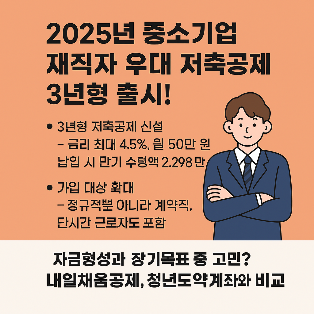 2025년 중소기업 재직자 우대 저축공제 3년형 출시! 내일채움공제, 청년도약계좌와 비교