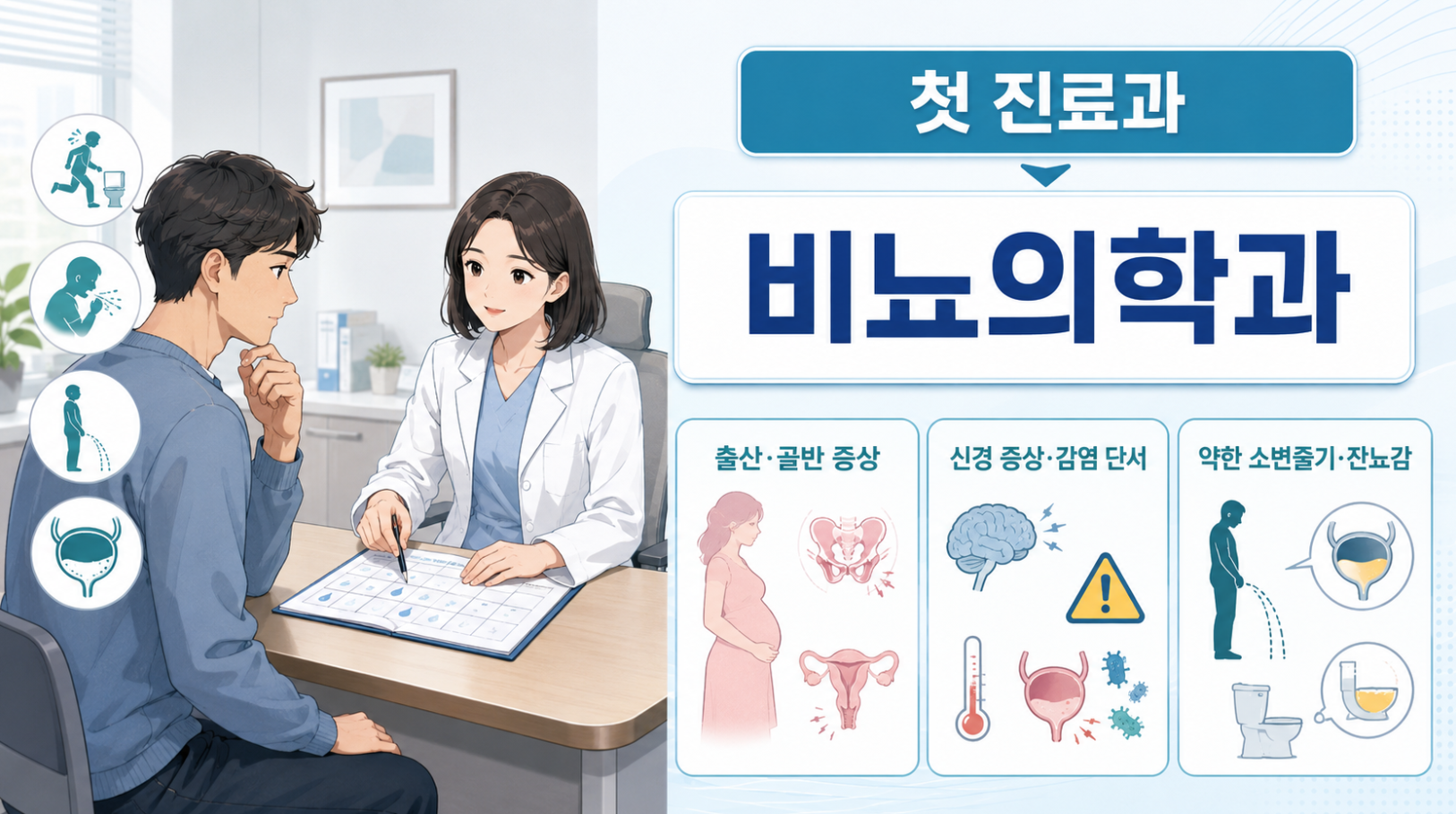 요실금 증상의 첫 진료과인 비뇨의학과와 골반 증상&middot;신경 증상&middot;감염&middot;배출 장애 관련 진료 범위