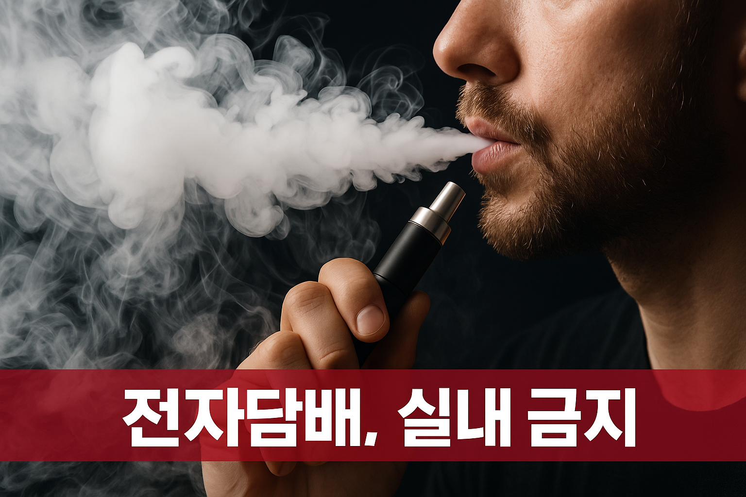 남성의 눈은 보이지 않도록 프레이밍된 하관 클로즈업에서 전자담배를 물고 매우 풍성한 흰 에어로졸을 내뿜는 모습. 하단에 ‘전자담배, 실내 금지’ 붉은 배너가 깔린 16:9 썸네일