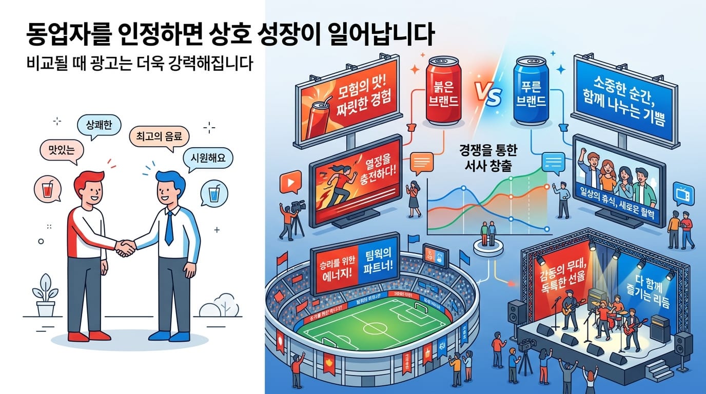 라이벌이 있는 브랜드는 비교와 차별화를 통해 광고 서사를 만드는 과정을 표현한 이미지