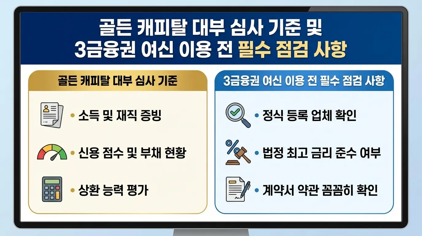 골든 캐피탈 대부 심사 기준 및 3금융권 여신 이용 전 필수 점검 사항