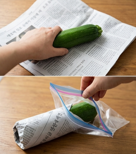 애호박 장기 보관을 위한 신문지 포장 및 지퍼백 보관법