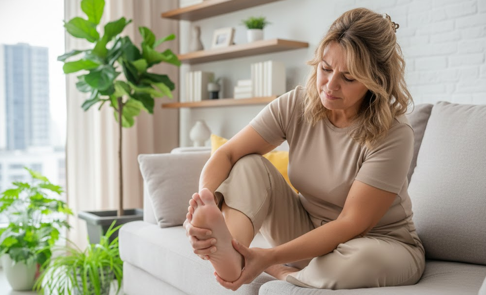족저근막염 통증으로 발 마사지를 하고 있는 여성