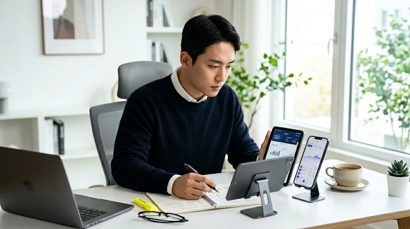 책상에 앉아 태블릿과 스마트폰을 놓고 비교 중인 투자자