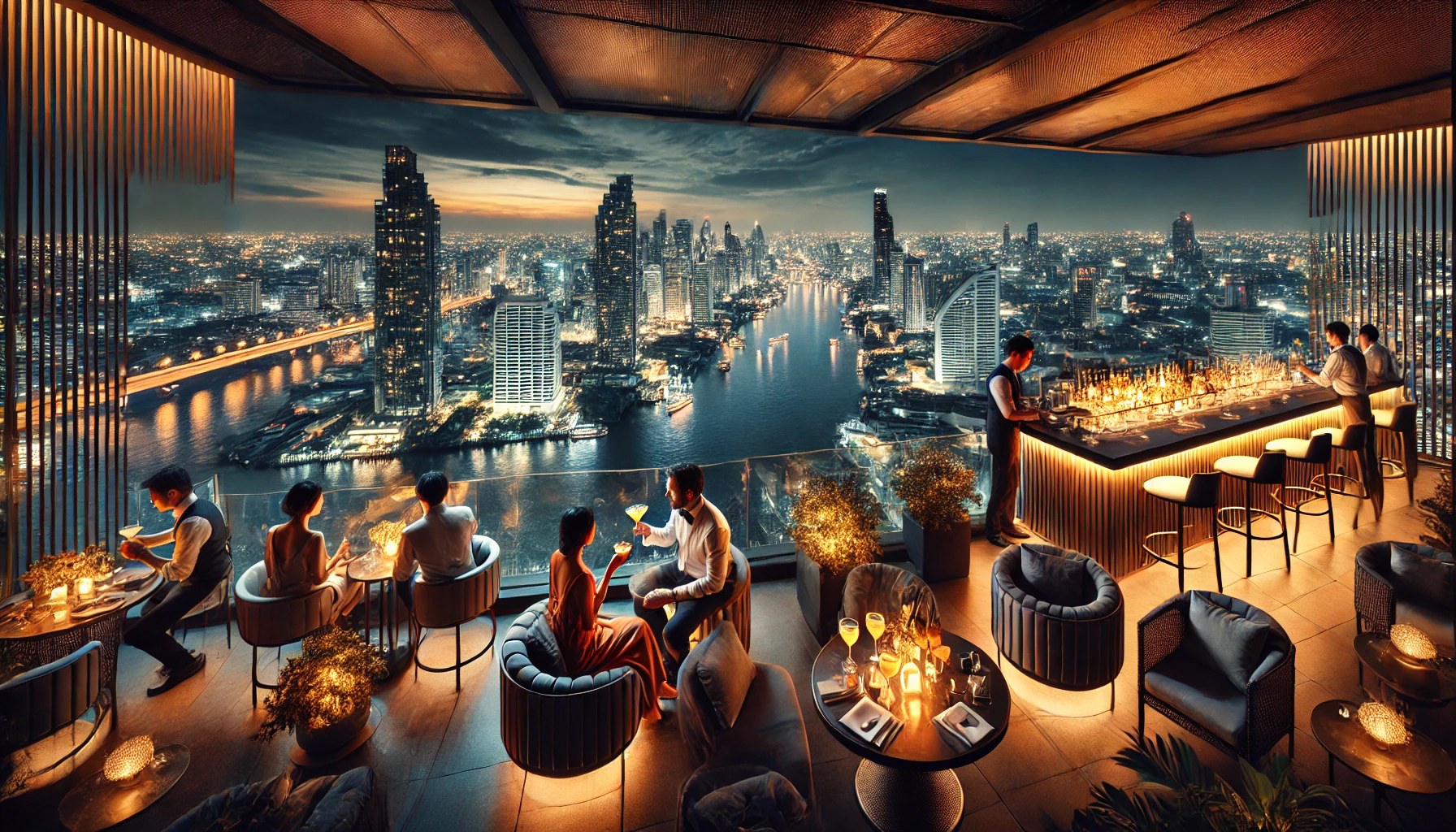 방콕의 아름다운 야경과 루프탑 바에서 칵테일을 즐기는 모습