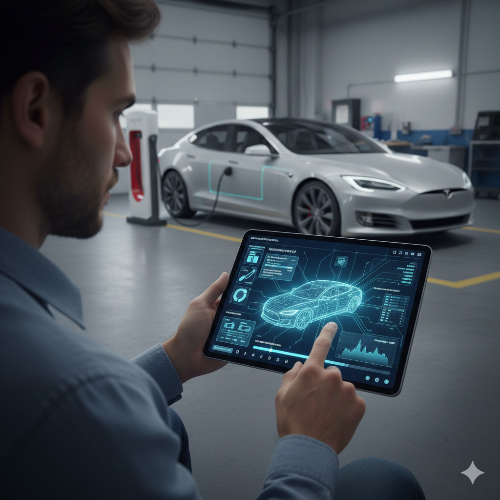 테슬라 서비스 센터에서 정비사가 태블릿으로 차량을 진단하고 있다. 태블릿 화면에 테슬라 차량의 홀로그램 와이어프레임과 배터리 상태, 성능 그래프, 진단 데이터가 표시되어 있다. 배경에 흰색 테슬라 모델 S가 충전 중이며, 깔끔한 현대적인 정비 공간이 보인다.