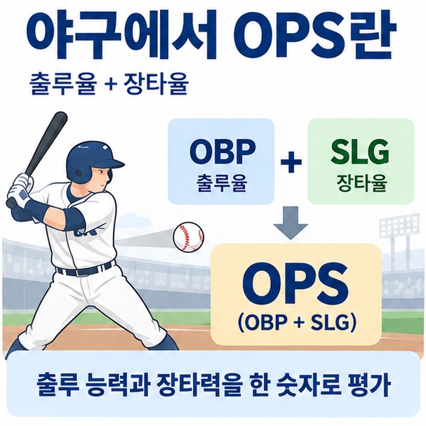 야구에서 OPS란이라는 제목과 타자, 출루율 OBP, 장타율 SLG, OPS 계산식을 함께 표현한 대표 이미지