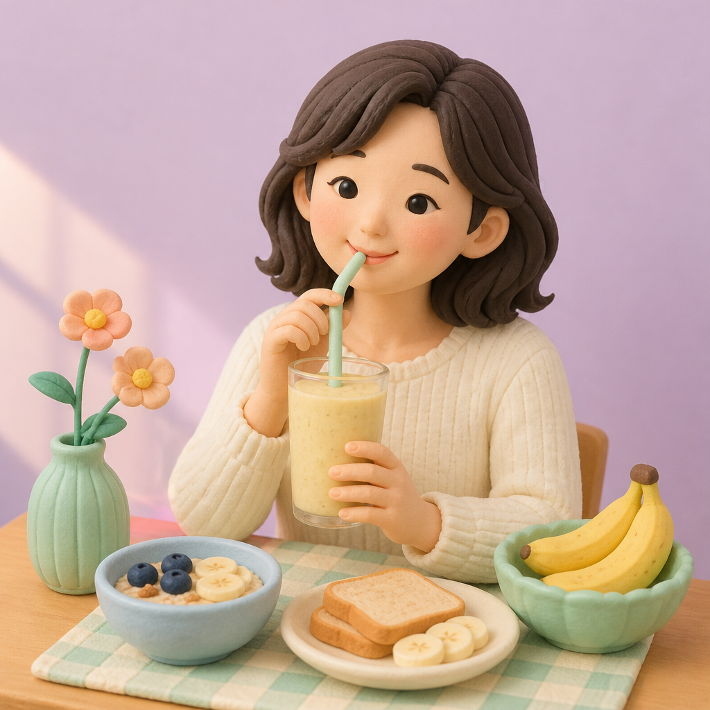아침 식탁에서 얼린 바나나로 만든 스무디를 마시며 웃는 30대 여성