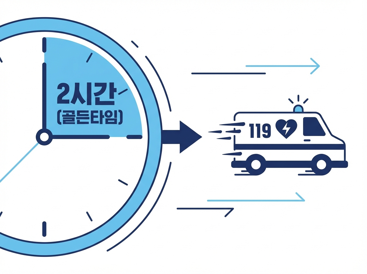 심근경색 응급 대처를 위한 2시간 골든타임 사수 인포그래픽입니다. 화이트와 블루 톤의 깔끔한 디자인으로, 시계의 2시간 영역이 강조되어 있으며 '골든타임'이라는 한국어 텍스트와 함께 119 구급차 아이콘이 긴박하게 이동하는 모습을 시각화하여 빠른 신고의 중요성을 강조하고 있습니다.