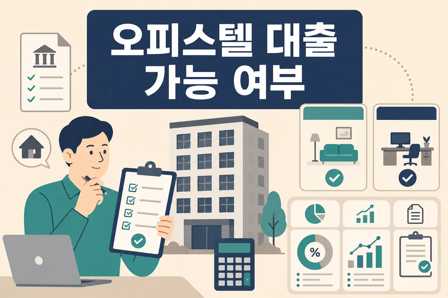 오피스텔 주택담보대출 가능 여부를 주거용과 업무용 기준, LTV와 DSR 확인 흐름으로 판단하도록 안내한 썸네일 이미지