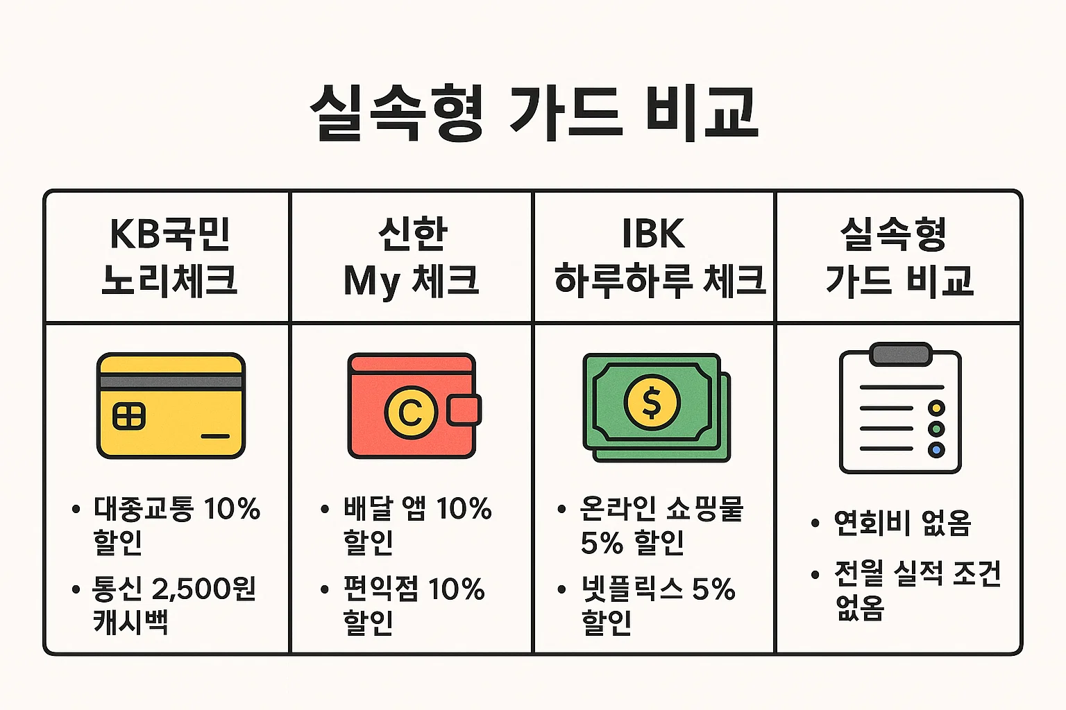 KB국민 노리체크, 신한 My체크, IBK 하루하루체크 등 2025년 주유비 절약형 체크카드의 주요 할인 혜택과 조건을 비교한 인포그래픽