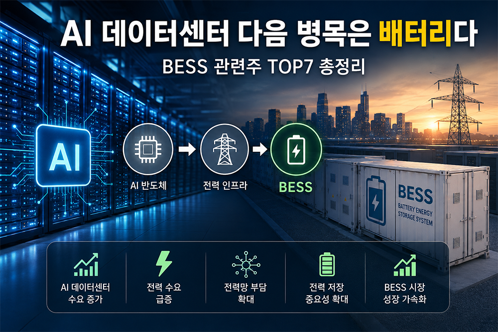 AI 데이터센터 확대에 따른 전력 수요 증가와 BESS(배터리 에너지 저장장치) 시장 성장 흐름을 설명하는 이미지. AI 반도체, 전력 인프라, BESS로 이어지는 투자 흐름과 BESS 관련주 TOP7을 시각적으로 표현.